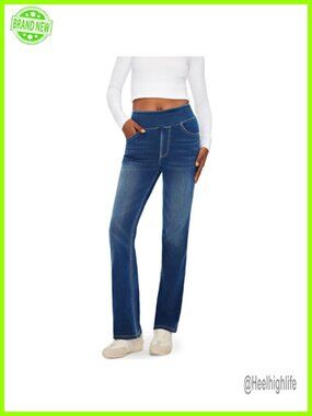 High Rise Bootcut Pull On Jeans Stretchy Elastic Waist Denim Pants